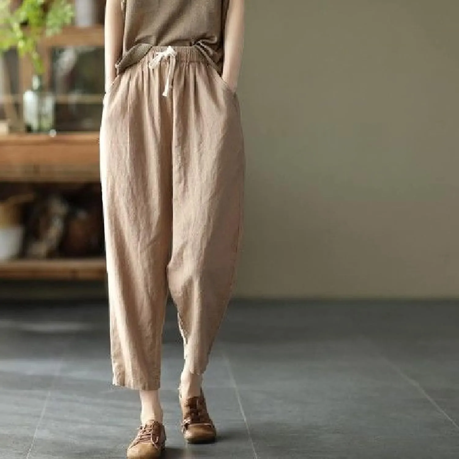 FZYLQY Cotton Linen Cropped Pants for Women Casual Straight Leg Drawstring Elastic Waist Capris Loose Lounge Trousers