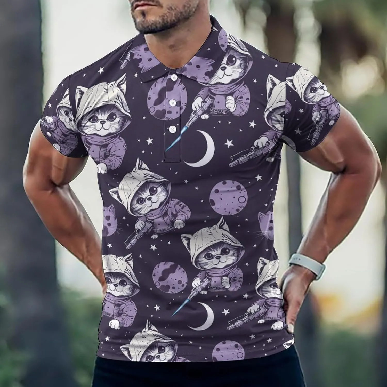 Galaxy Cats Killer Mens Polo Shirts Quick Dry Short Sleeve Golf Slim Fit T Shirt