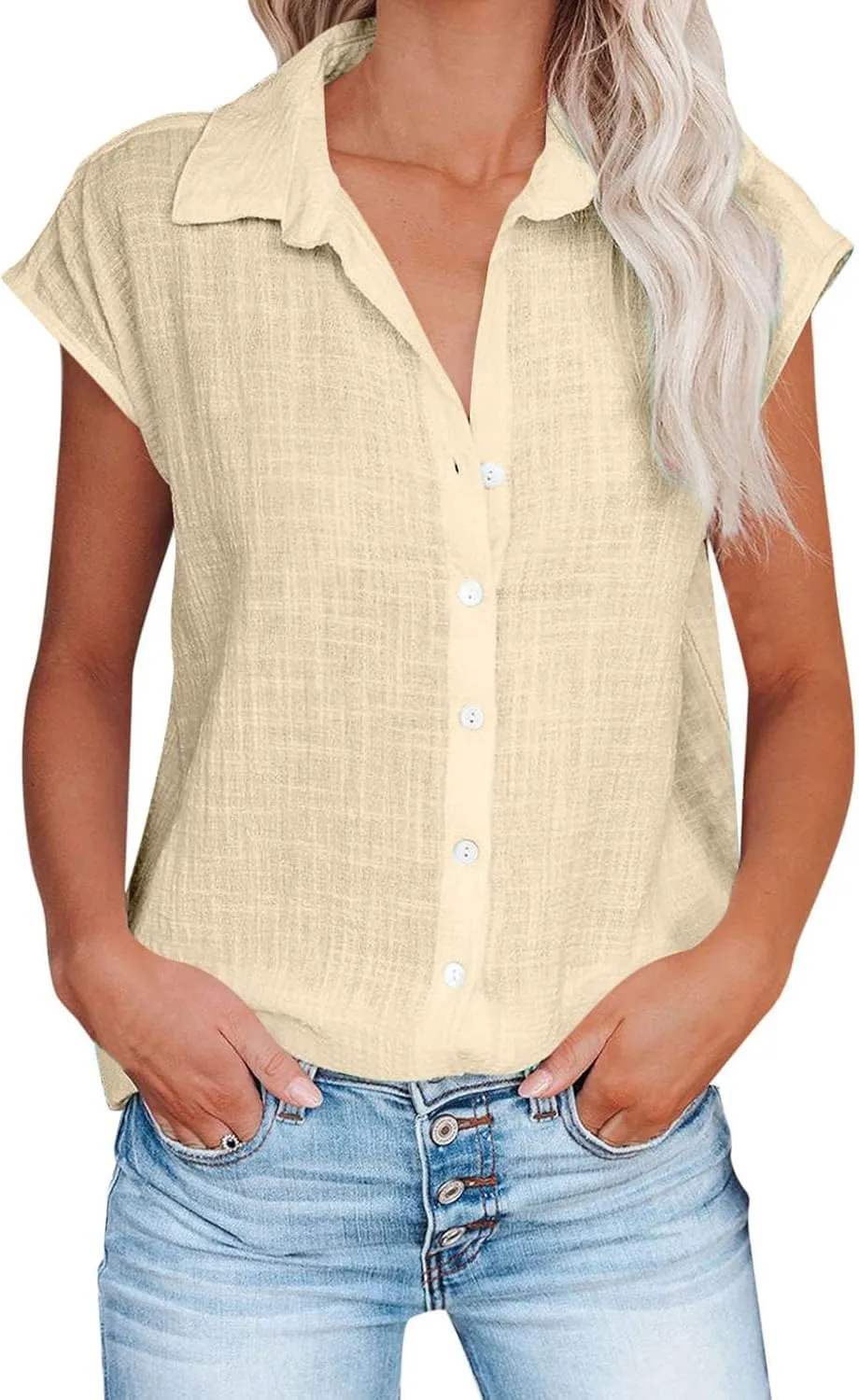 generic Womens Tops 2024 Button Down Dress Shirts Ladies Summer Cotton Linen Short Sleeve Blouse Casual Beach Tee Plus Size