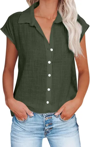 generic Womens Tops 2024 Button Down Dress Shirts Ladies Summer Cotton Linen Short Sleeve Blouse Casual Beach Tee Plus Size