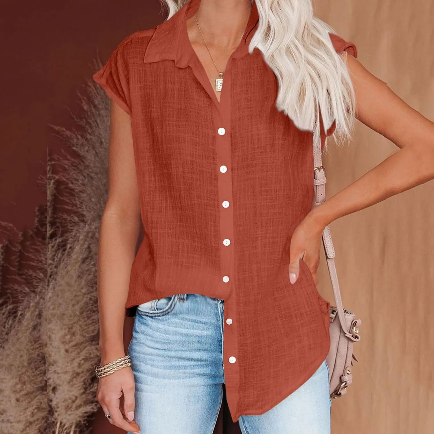 generic Womens Tops 2024 Button Down Dress Shirts Ladies Summer Cotton Linen Short Sleeve Blouse Casual Beach Tee Plus Size