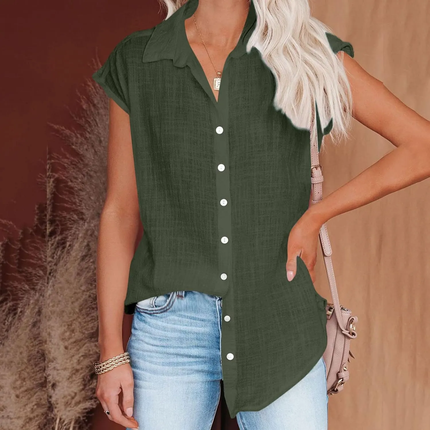 generic Womens Tops 2024 Button Down Dress Shirts Ladies Summer Cotton Linen Short Sleeve Blouse Casual Beach Tee Plus Size