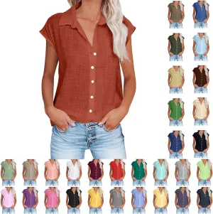 generic Womens Tops 2024 Button Down Dress Shirts Ladies Summer Cotton Linen Short Sleeve Blouse Casual Beach Tee Plus Size