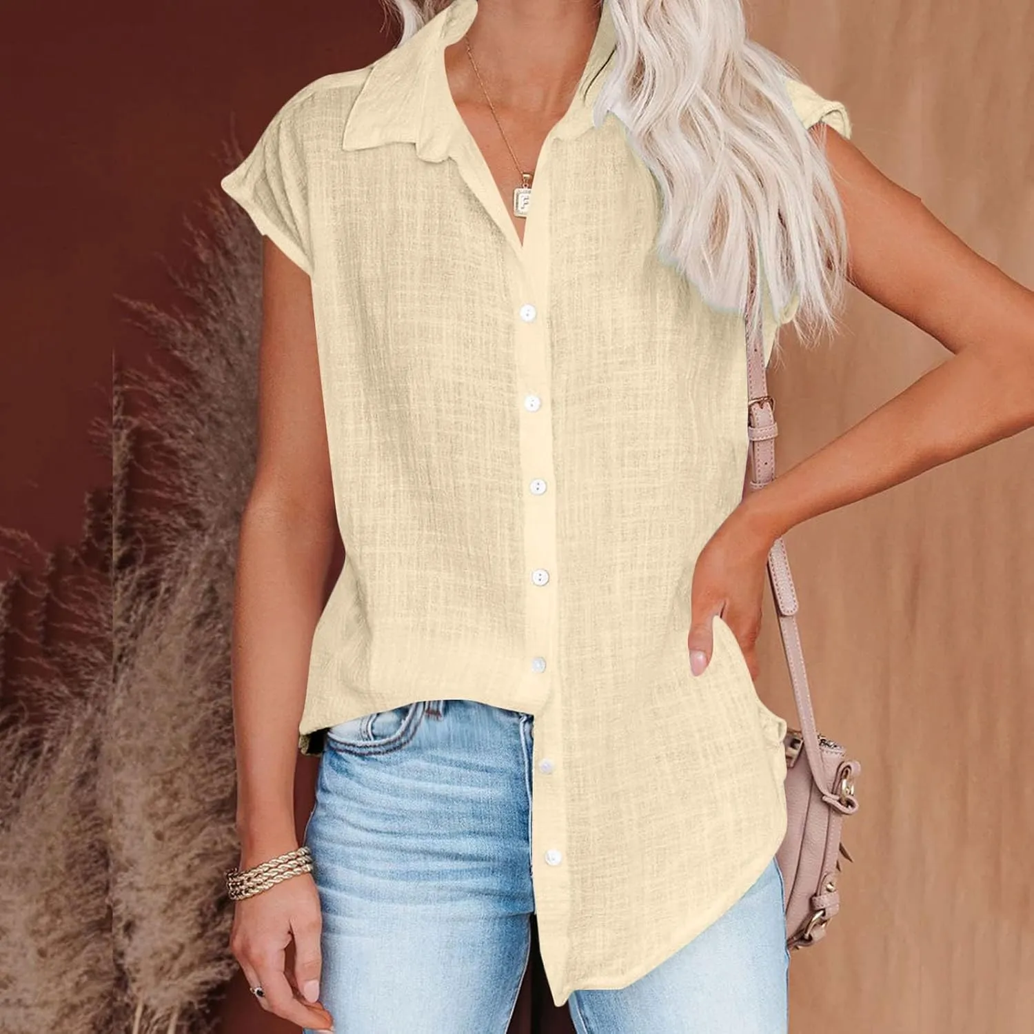 generic Womens Tops 2024 Button Down Dress Shirts Ladies Summer Cotton Linen Short Sleeve Blouse Casual Beach Tee Plus Size