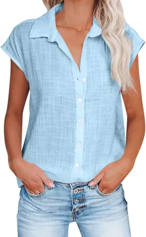 generic Womens Tops 2024 Button Down Dress Shirts Ladies Summer Cotton Linen Short Sleeve Blouse Casual Beach Tee Plus Size
