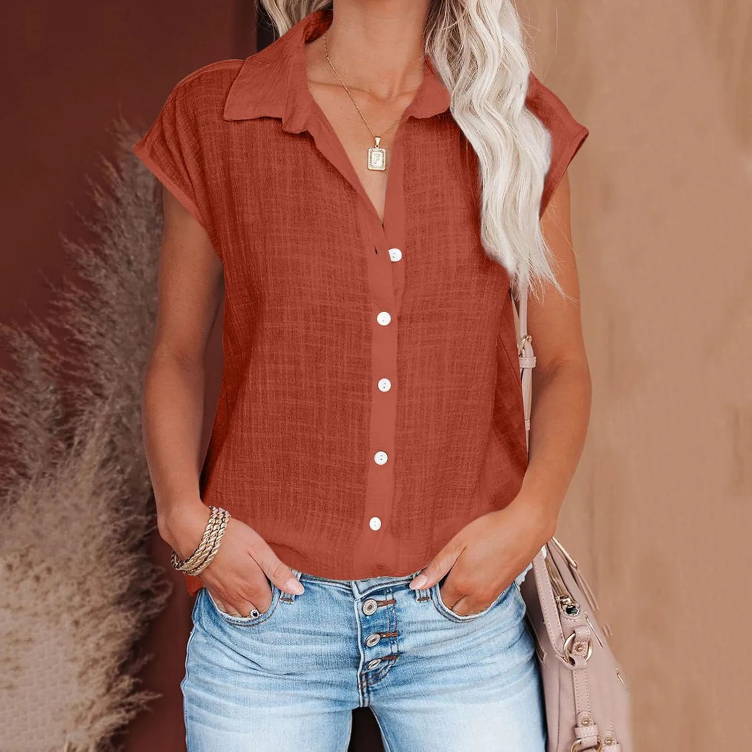 generic Womens Tops 2024 Button Down Dress Shirts Ladies Summer Cotton Linen Short Sleeve Blouse Casual Beach Tee Plus Size