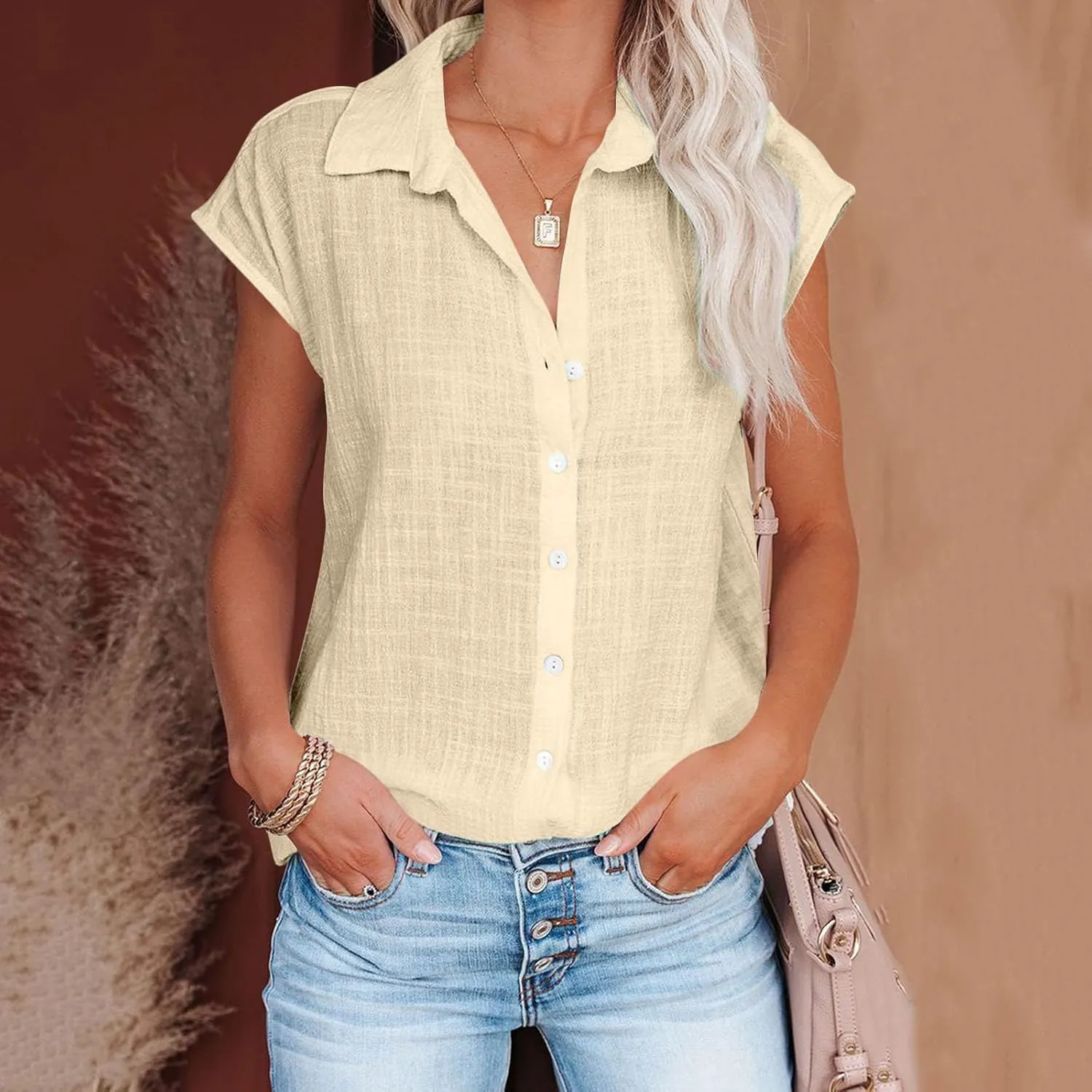generic Womens Tops 2024 Button Down Dress Shirts Ladies Summer Cotton Linen Short Sleeve Blouse Casual Beach Tee Plus Size