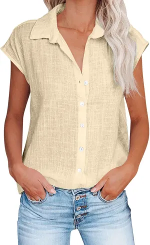 generic Womens Tops 2024 Button Down Dress Shirts Ladies Summer Cotton Linen Short Sleeve Blouse Casual Beach Tee Plus Size