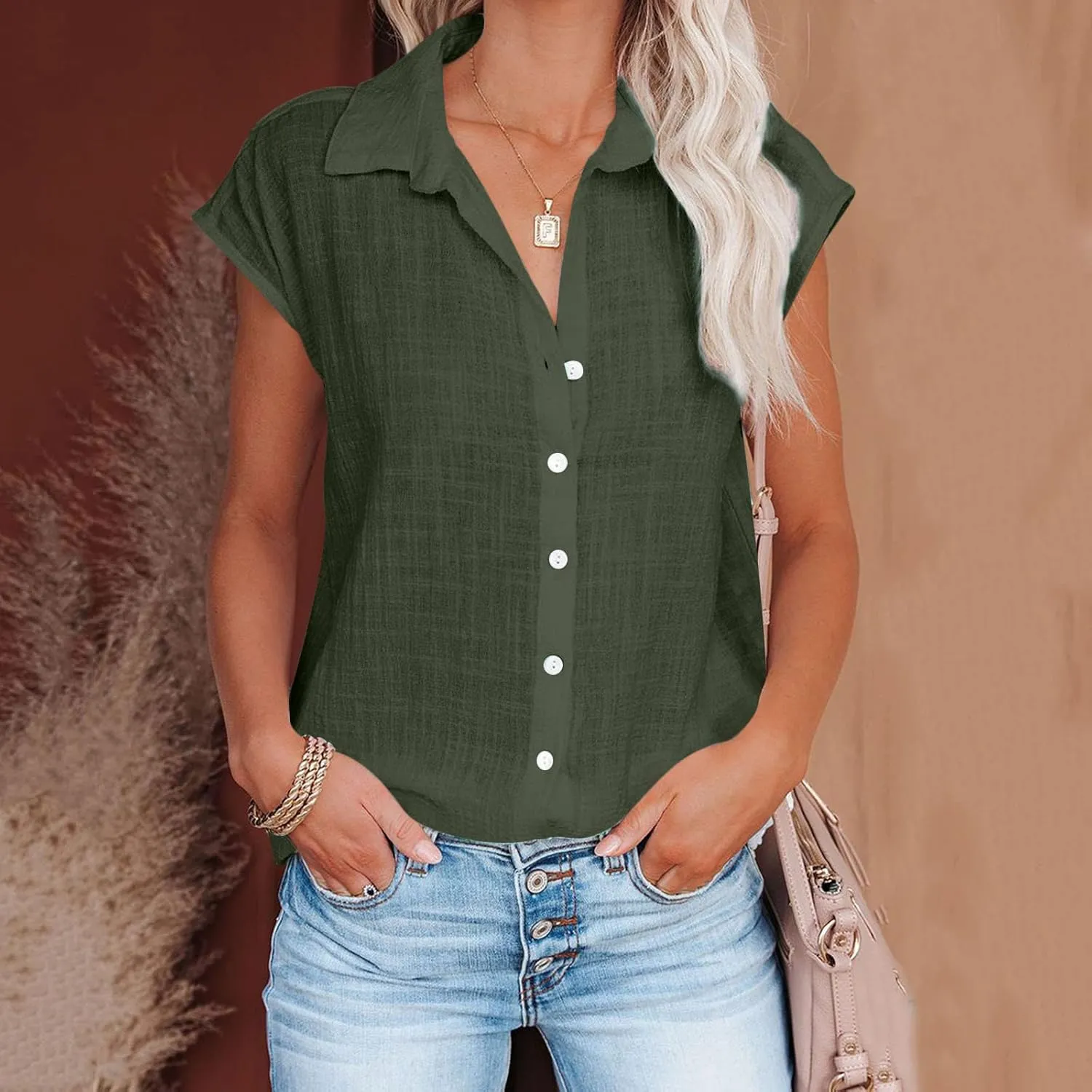 generic Womens Tops 2024 Button Down Dress Shirts Ladies Summer Cotton Linen Short Sleeve Blouse Casual Beach Tee Plus Size