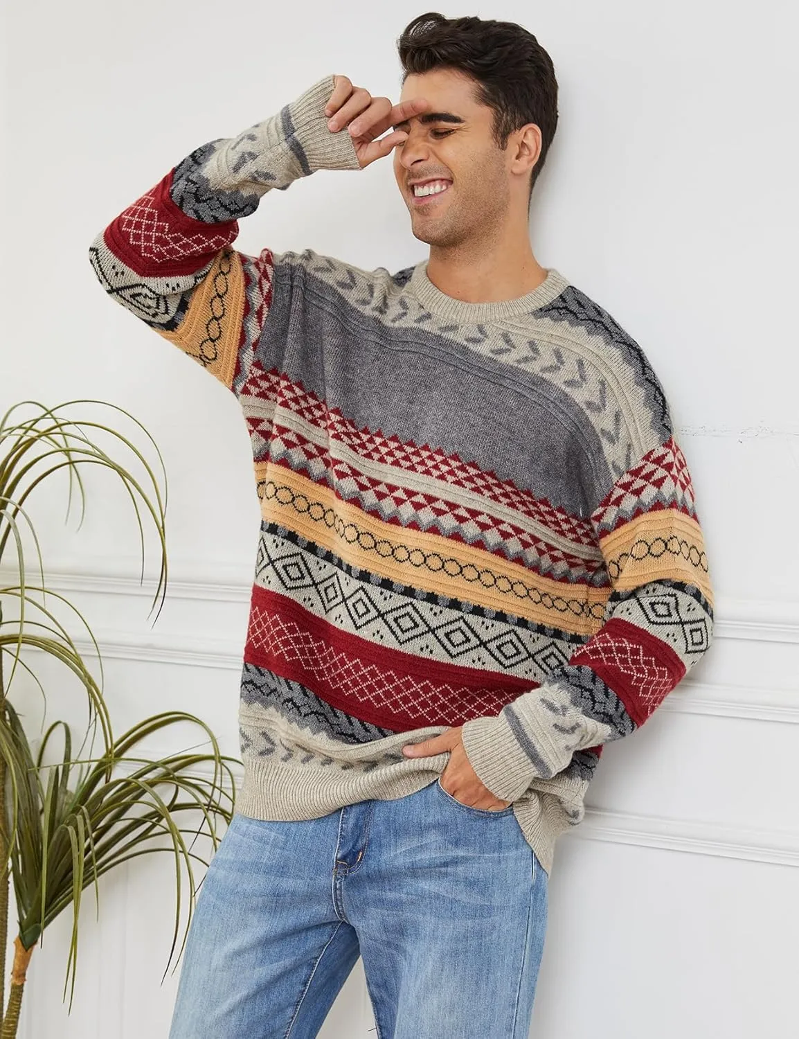Gihuo Men Vintage Striped Sweater Grandpa Fall Winter Pullover Long Sleeve Crewneck Jumper Knit Christmas Sweater Tops