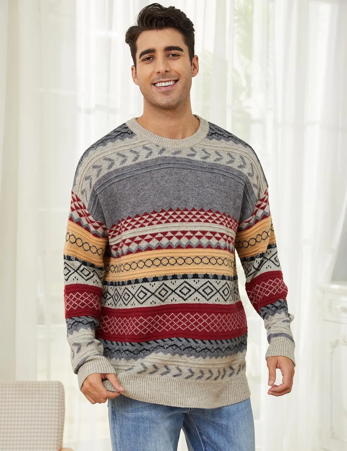 Gihuo Men Vintage Striped Sweater Grandpa Fall Winter Pullover Long Sleeve Crewneck Jumper Knit Christmas Sweater Tops