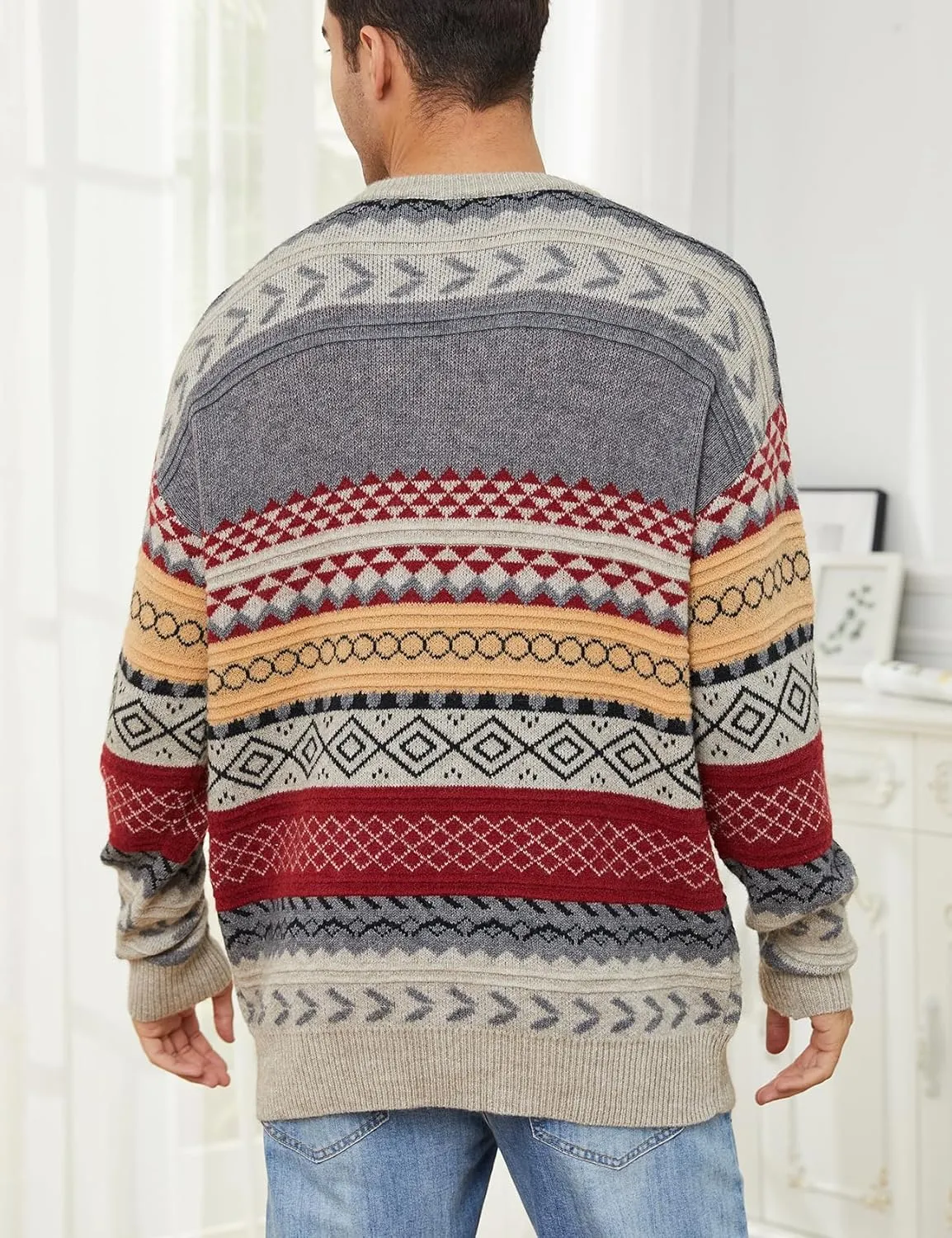 Gihuo Men Vintage Striped Sweater Grandpa Fall Winter Pullover Long Sleeve Crewneck Jumper Knit Christmas Sweater Tops