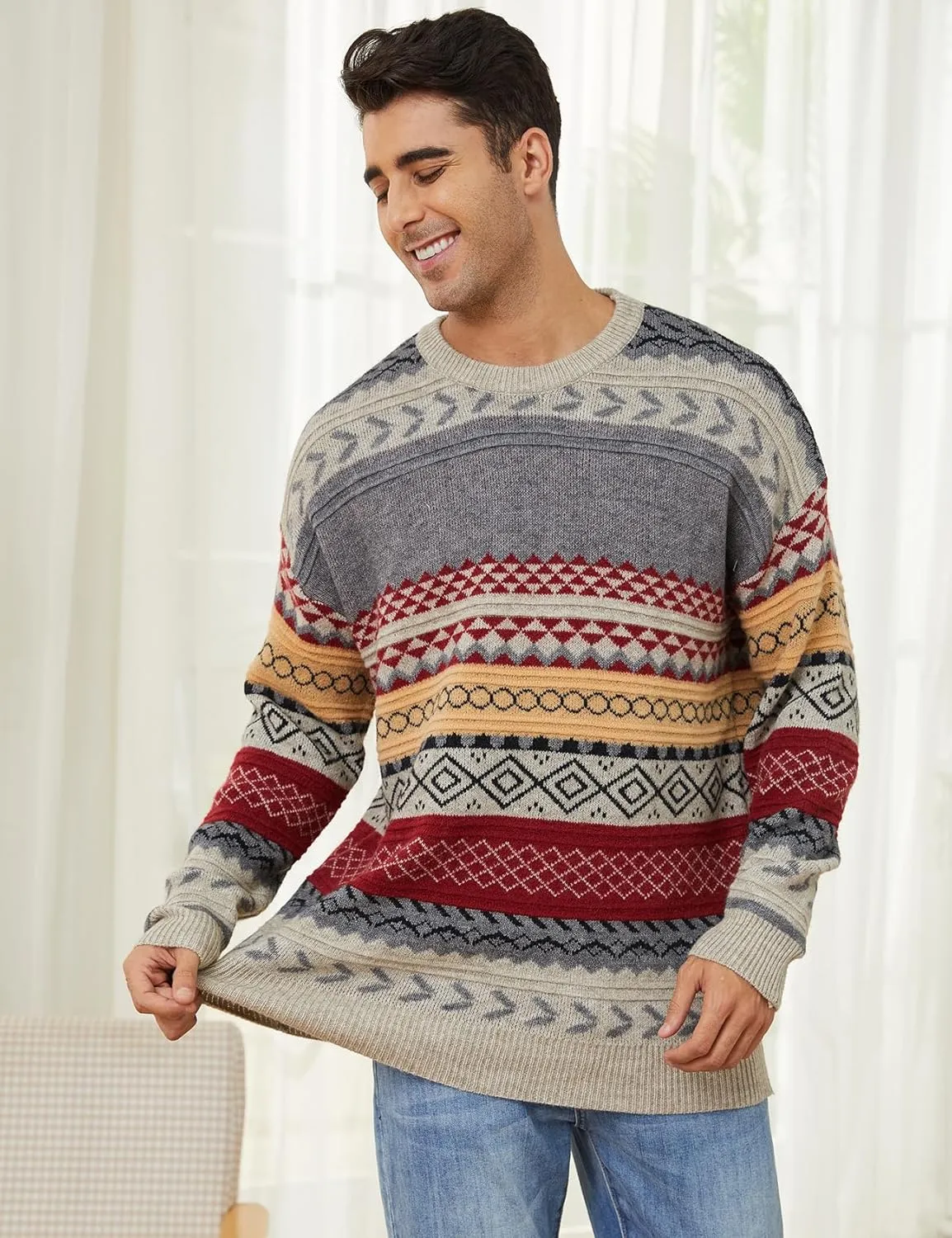 Gihuo Men Vintage Striped Sweater Grandpa Fall Winter Pullover Long Sleeve Crewneck Jumper Knit Christmas Sweater Tops