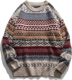 Gihuo Men Vintage Striped Sweater Grandpa Fall Winter Pullover Long Sleeve Crewneck Jumper Knit Christmas Sweater Tops
