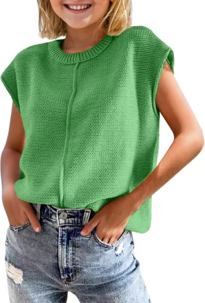 Girls Summer Cap Sleeve Tops Cute Casual Crew Neck Loose Knit Lightweight Teen Vests Fashion Shirts Tee Tops