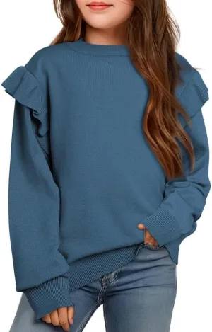 Girls Sweaters Cute Crewneck Ruffle Long Sleeve Knit Pullover Sweater Tops 6-15 Years