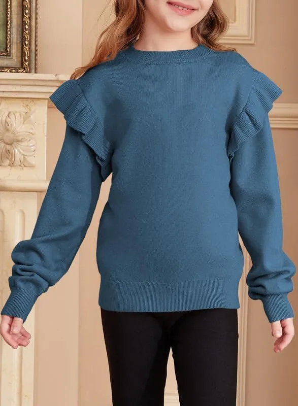 Girls Sweaters Cute Crewneck Ruffle Long Sleeve Knit Pullover Sweater Tops 6-15 Years