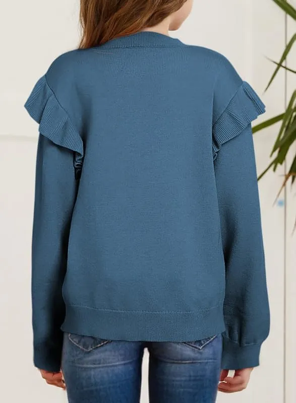 Girls Sweaters Cute Crewneck Ruffle Long Sleeve Knit Pullover Sweater Tops 6-15 Years