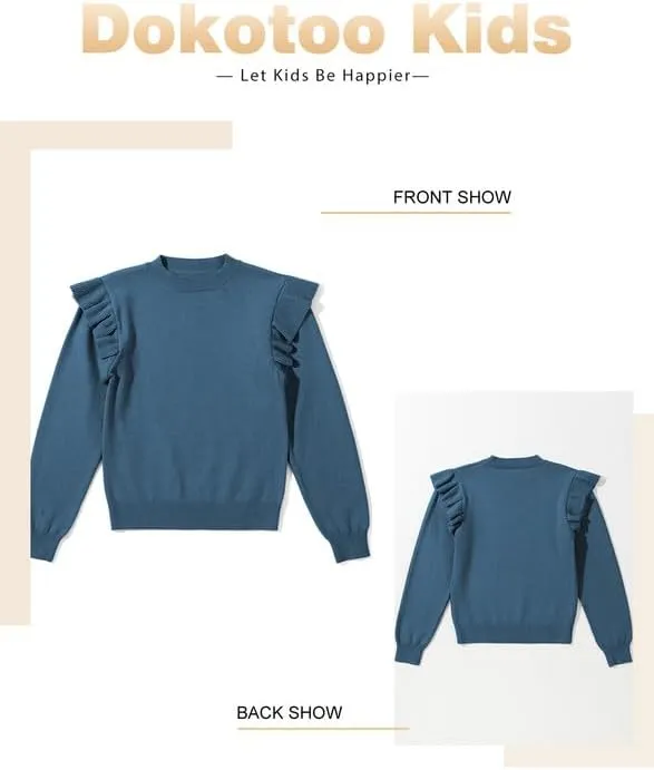 Girls Sweaters Cute Crewneck Ruffle Long Sleeve Knit Pullover Sweater Tops 6-15 Years