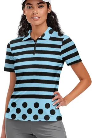 GLUDEAR Womens Polka Dots Golf Shirts Short Sleeve Sun Protection Golf Shirts Quick Dry Zipper Collared Polos