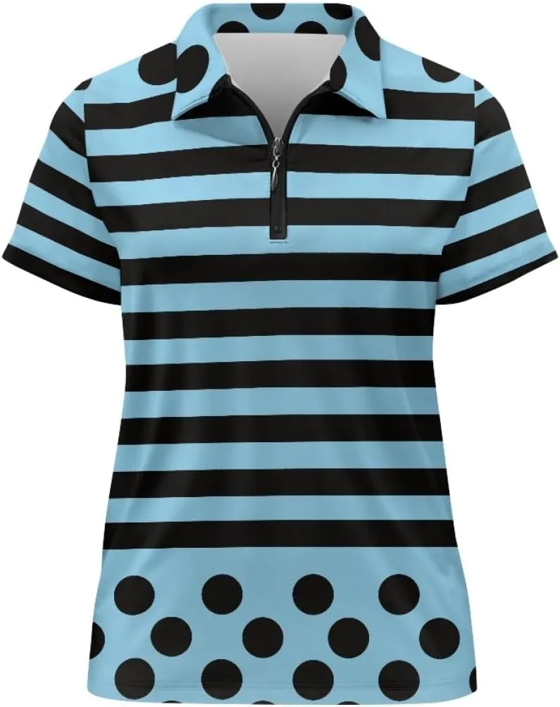 GLUDEAR Womens Polka Dots Golf Shirts Short Sleeve Sun Protection Golf Shirts Quick Dry Zipper Collared Polos