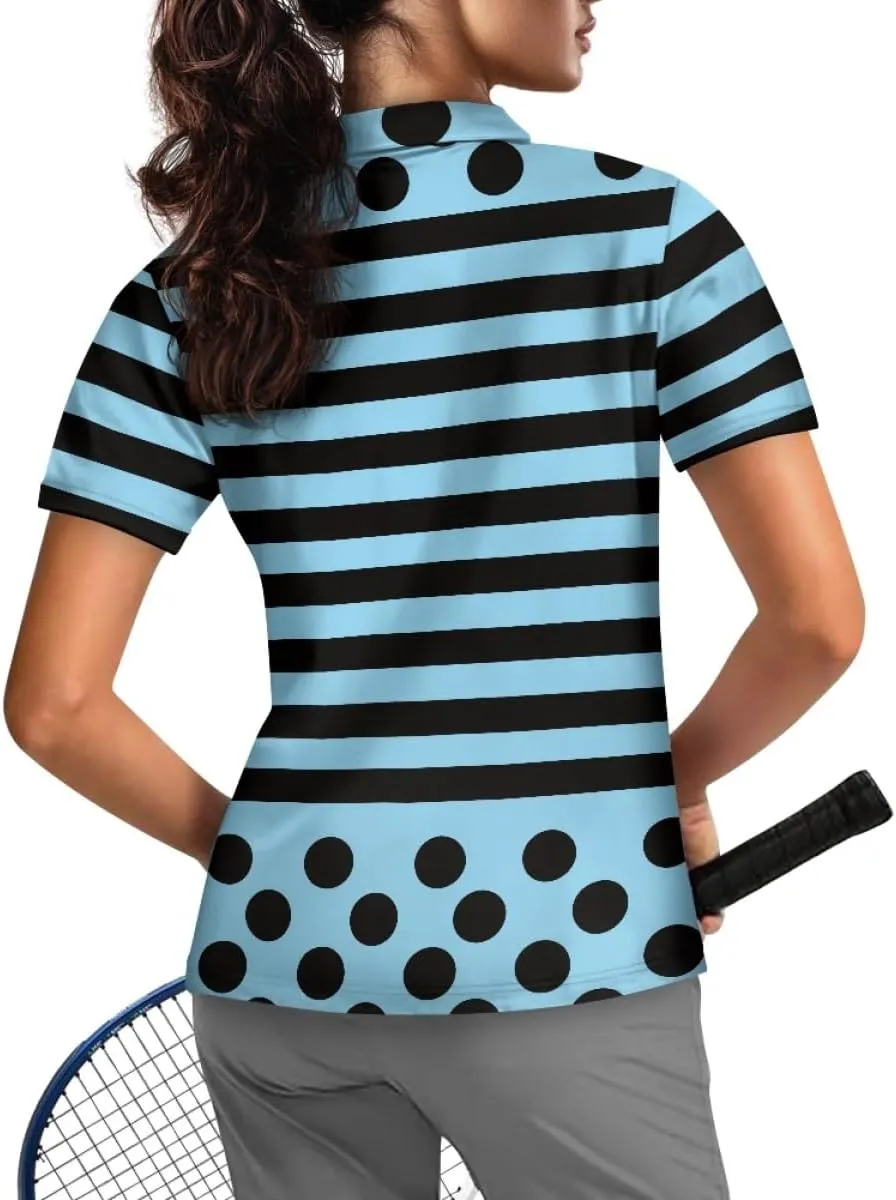 GLUDEAR Womens Polka Dots Golf Shirts Short Sleeve Sun Protection Golf Shirts Quick Dry Zipper Collared Polos