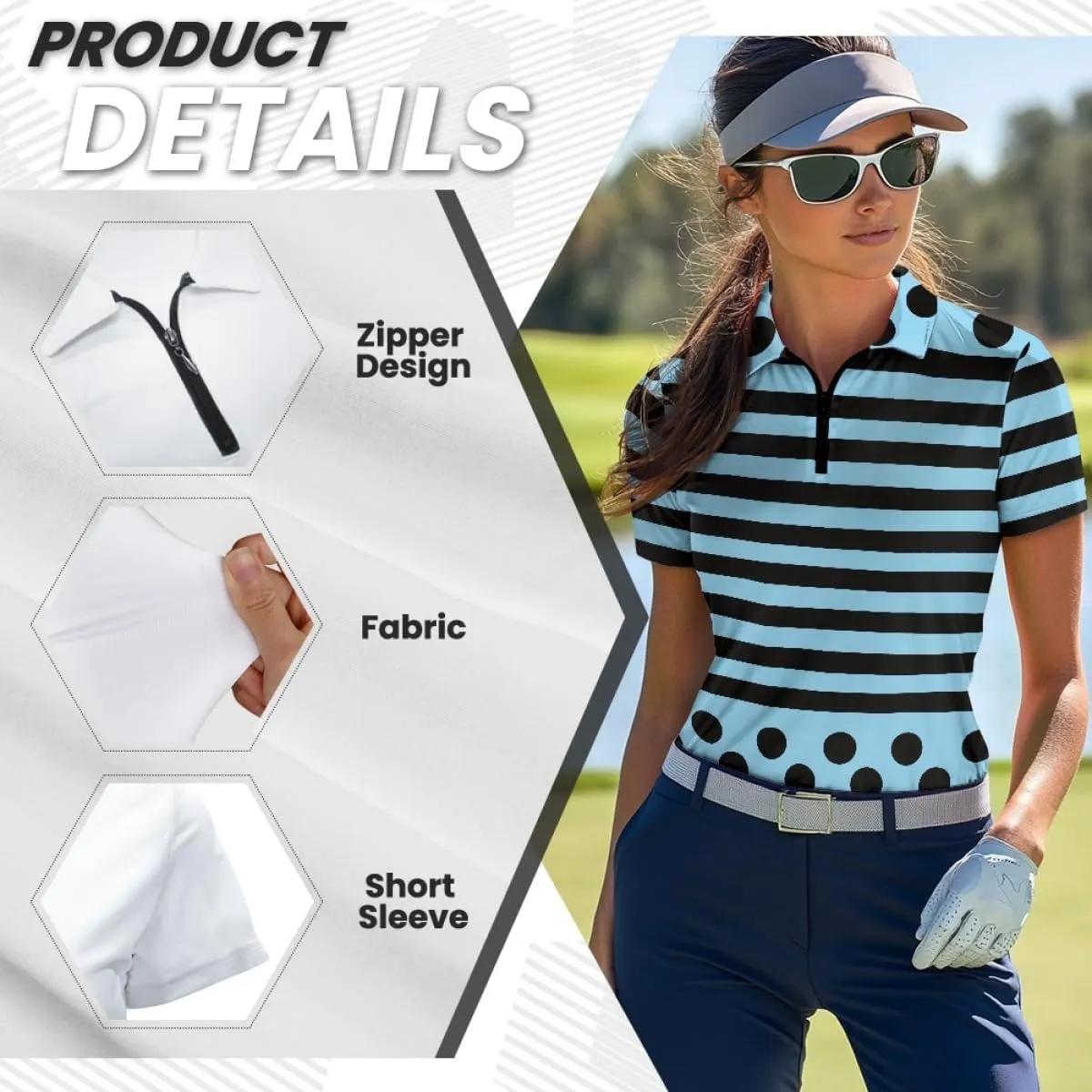 GLUDEAR Womens Polka Dots Golf Shirts Short Sleeve Sun Protection Golf Shirts Quick Dry Zipper Collared Polos