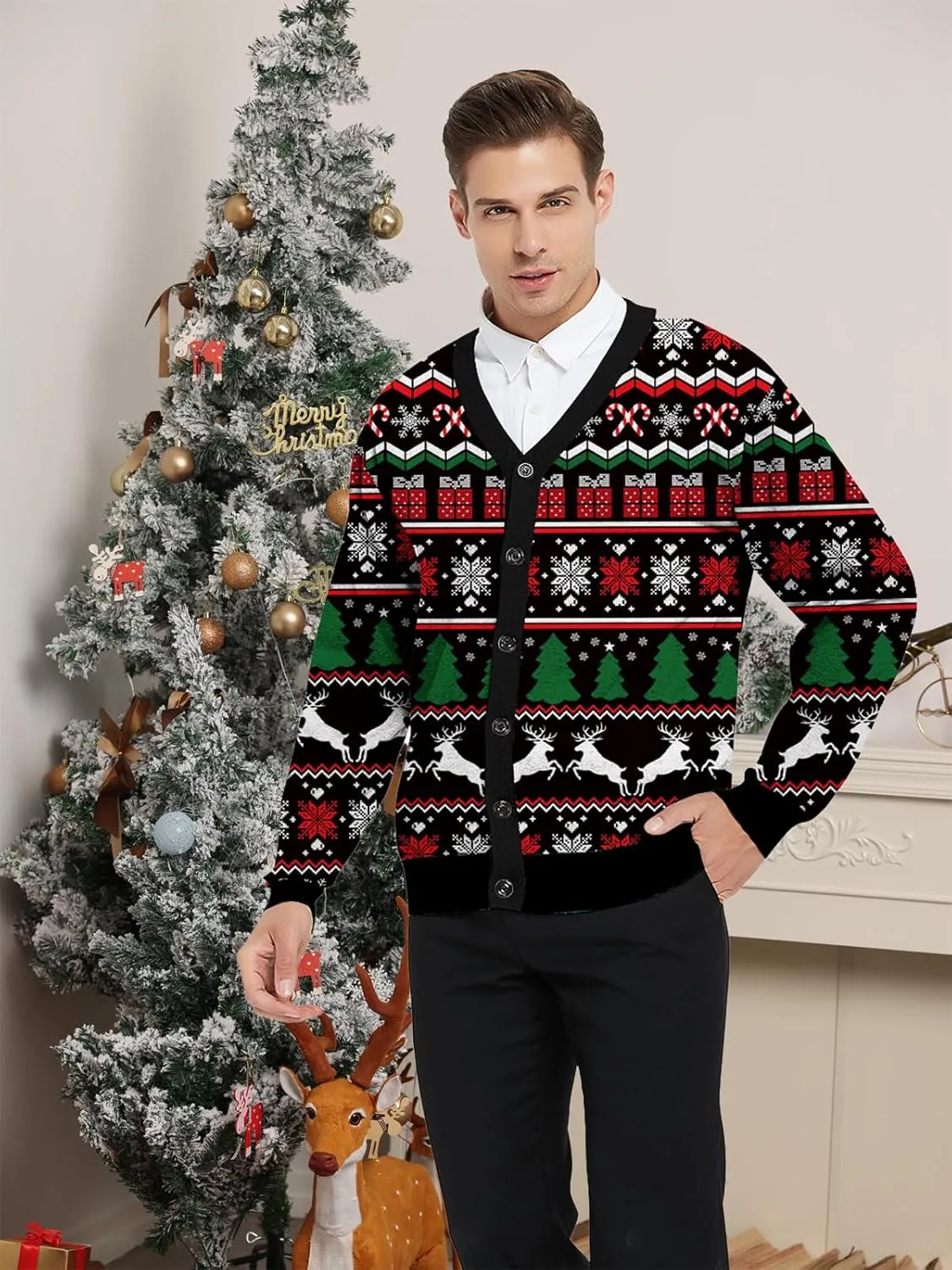 Goodstoworld Men's 2024 Ugly Christmas Cardigan Cozy Pullover Sweater V Neck Buttons Soft Knitwear