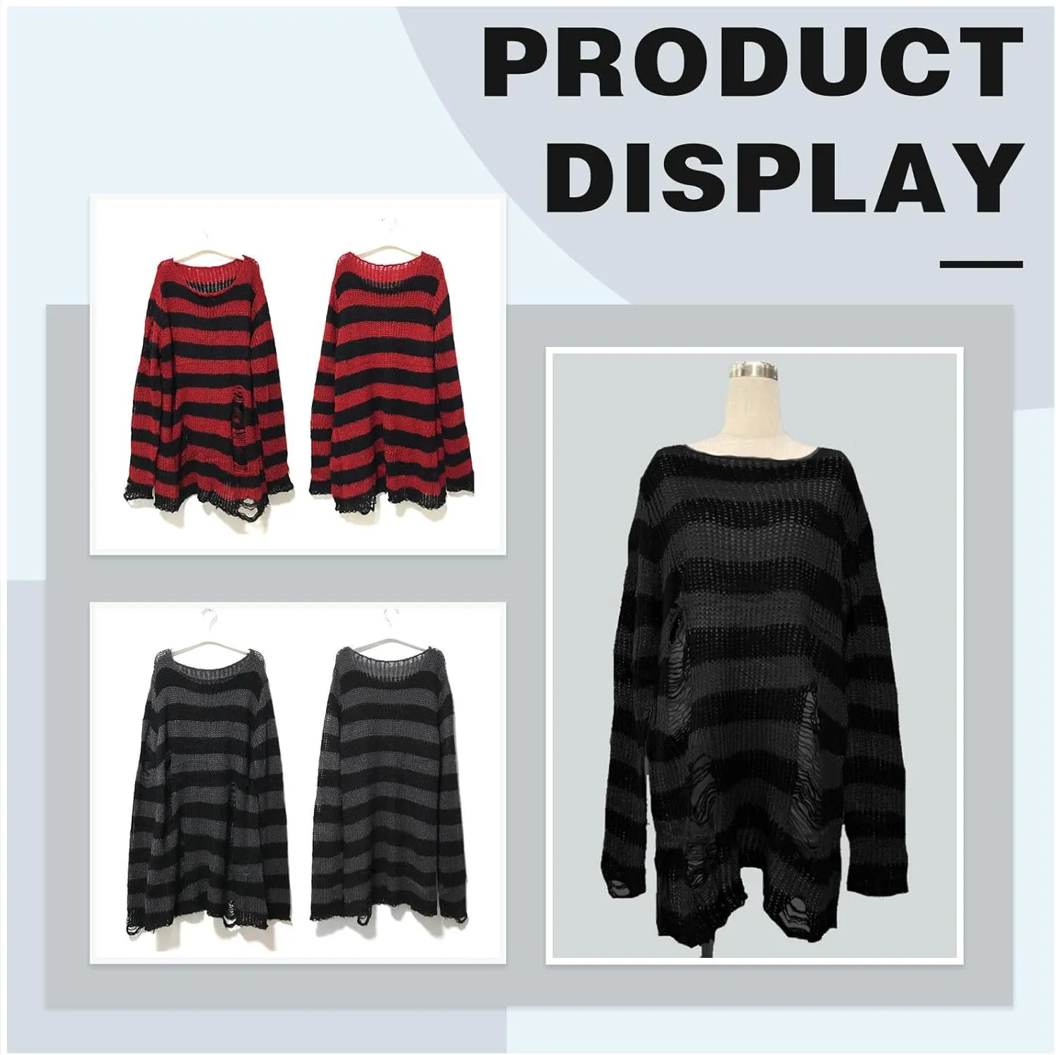 Goth Y2K Striped Sweater with Belt Ripped Punk Gothic Long Sweaters Grunge Distressed Halloween Pullover Tops for Women