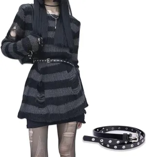 Goth Y2K Striped Sweater with Belt Ripped Punk Gothic Long Sweaters Grunge Distressed Halloween Pullover Tops for Women
