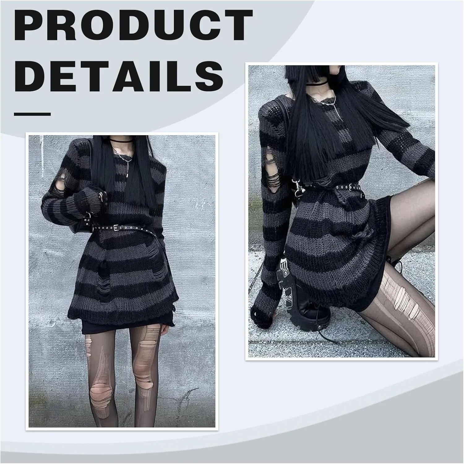 Goth Y2K Striped Sweater with Belt Ripped Punk Gothic Long Sweaters Grunge Distressed Halloween Pullover Tops for Women