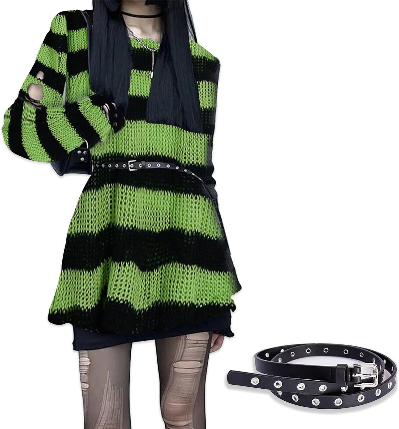 Goth Y2K Striped Sweater with Belt Ripped Punk Gothic Long Sweaters Grunge Distressed Halloween Pullover Tops for Women