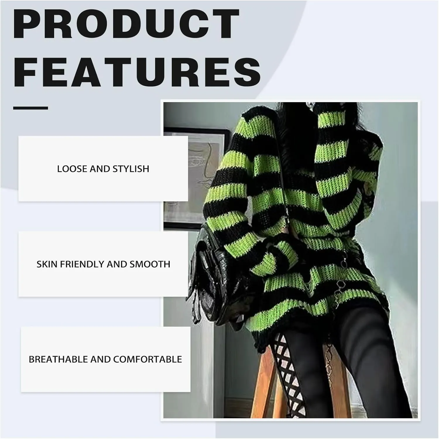 Goth Y2K Striped Sweater with Belt Ripped Punk Gothic Long Sweaters Grunge Distressed Halloween Pullover Tops for Women
