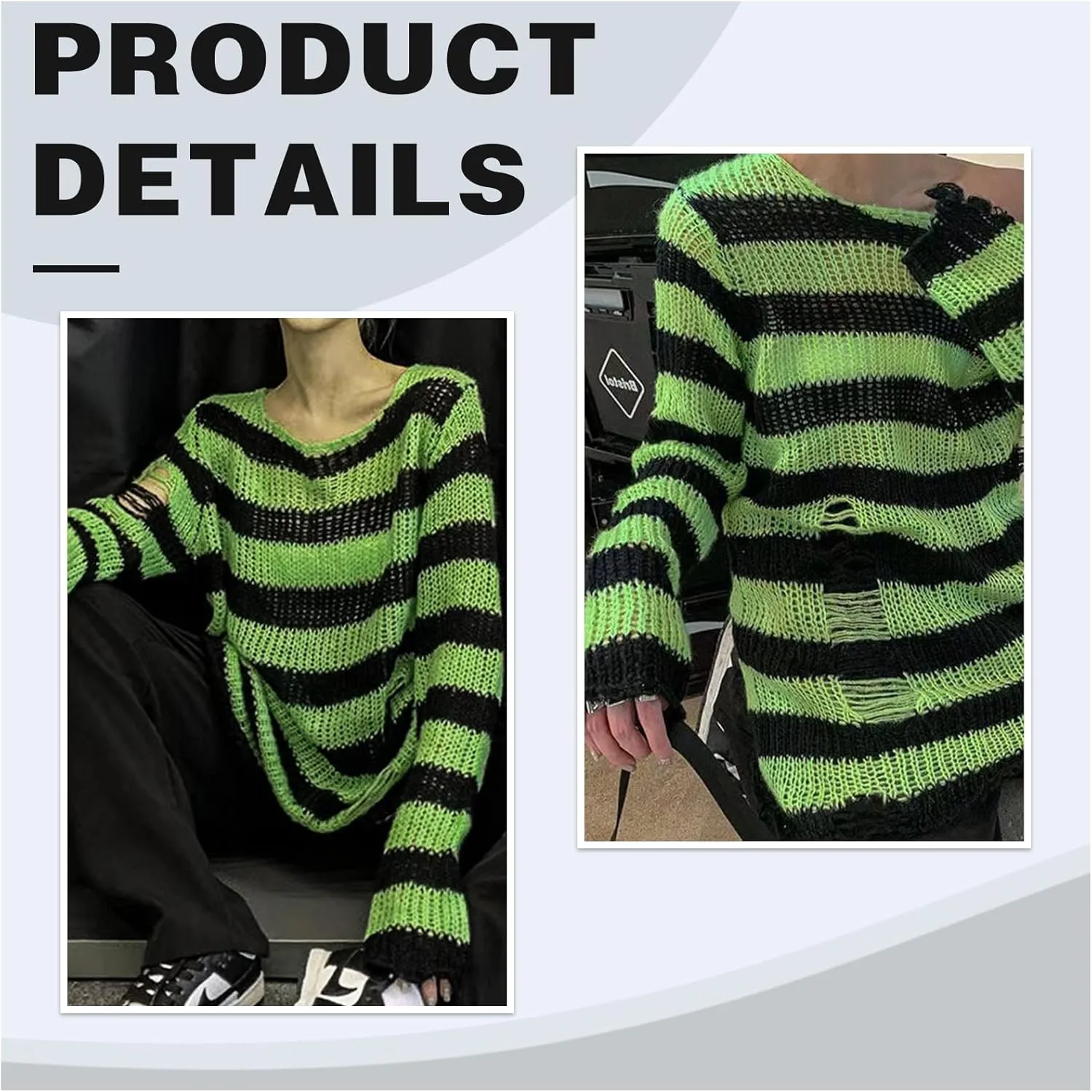 Goth Y2K Striped Sweater with Belt Ripped Punk Gothic Long Sweaters Grunge Distressed Halloween Pullover Tops for Women