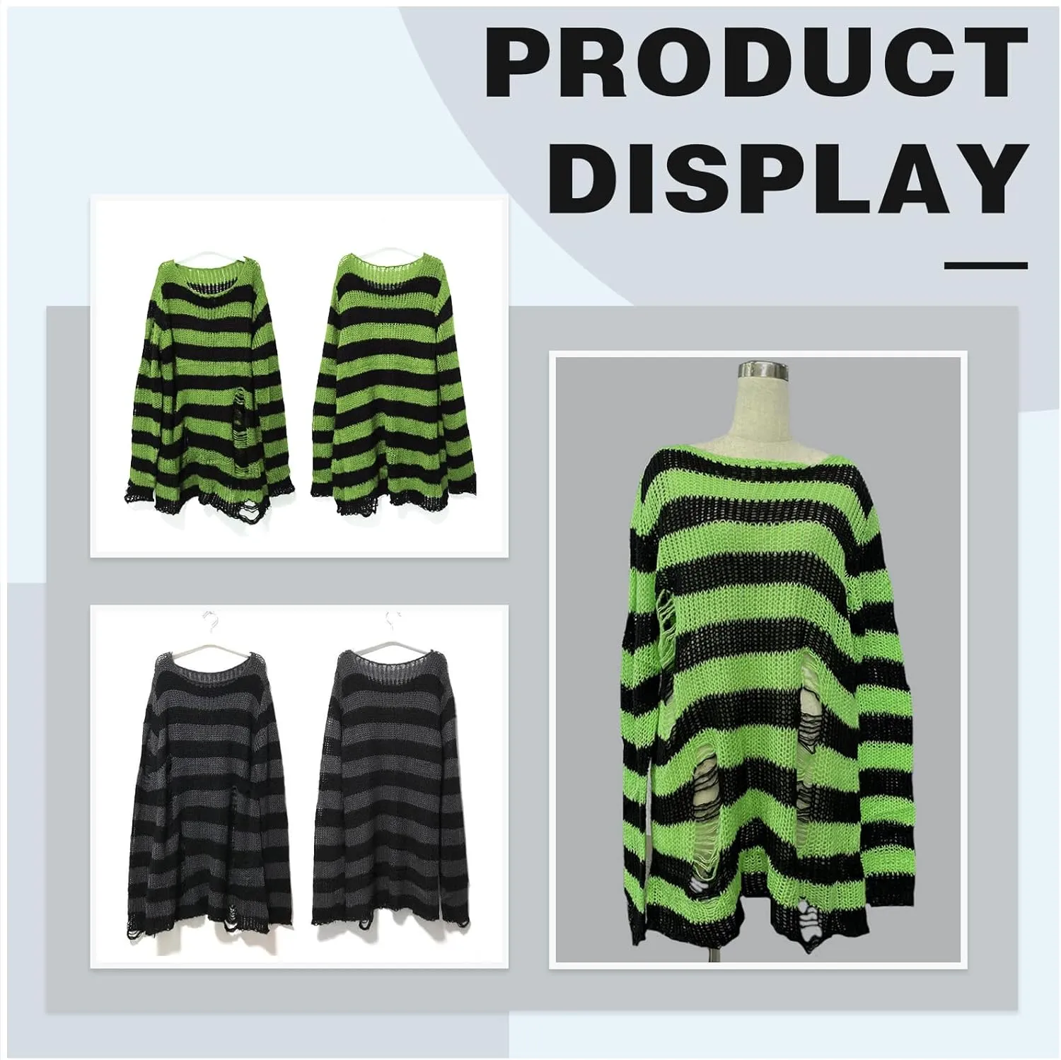 Goth Y2K Striped Sweater with Belt Ripped Punk Gothic Long Sweaters Grunge Distressed Halloween Pullover Tops for Women