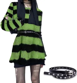 Goth Y2K Striped Sweater with Belt Ripped Punk Gothic Long Sweaters Grunge Distressed Halloween Pullover Tops for Women