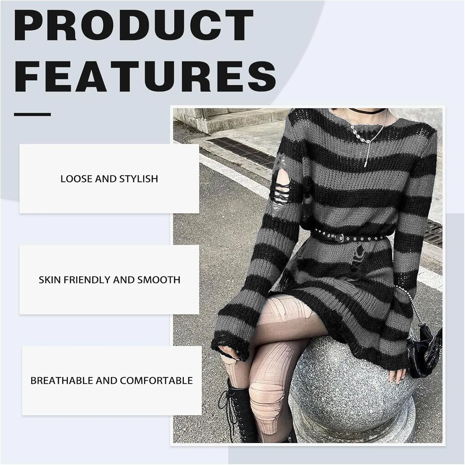Goth Y2K Striped Sweater with Belt Ripped Punk Gothic Long Sweaters Grunge Distressed Halloween Pullover Tops for Women