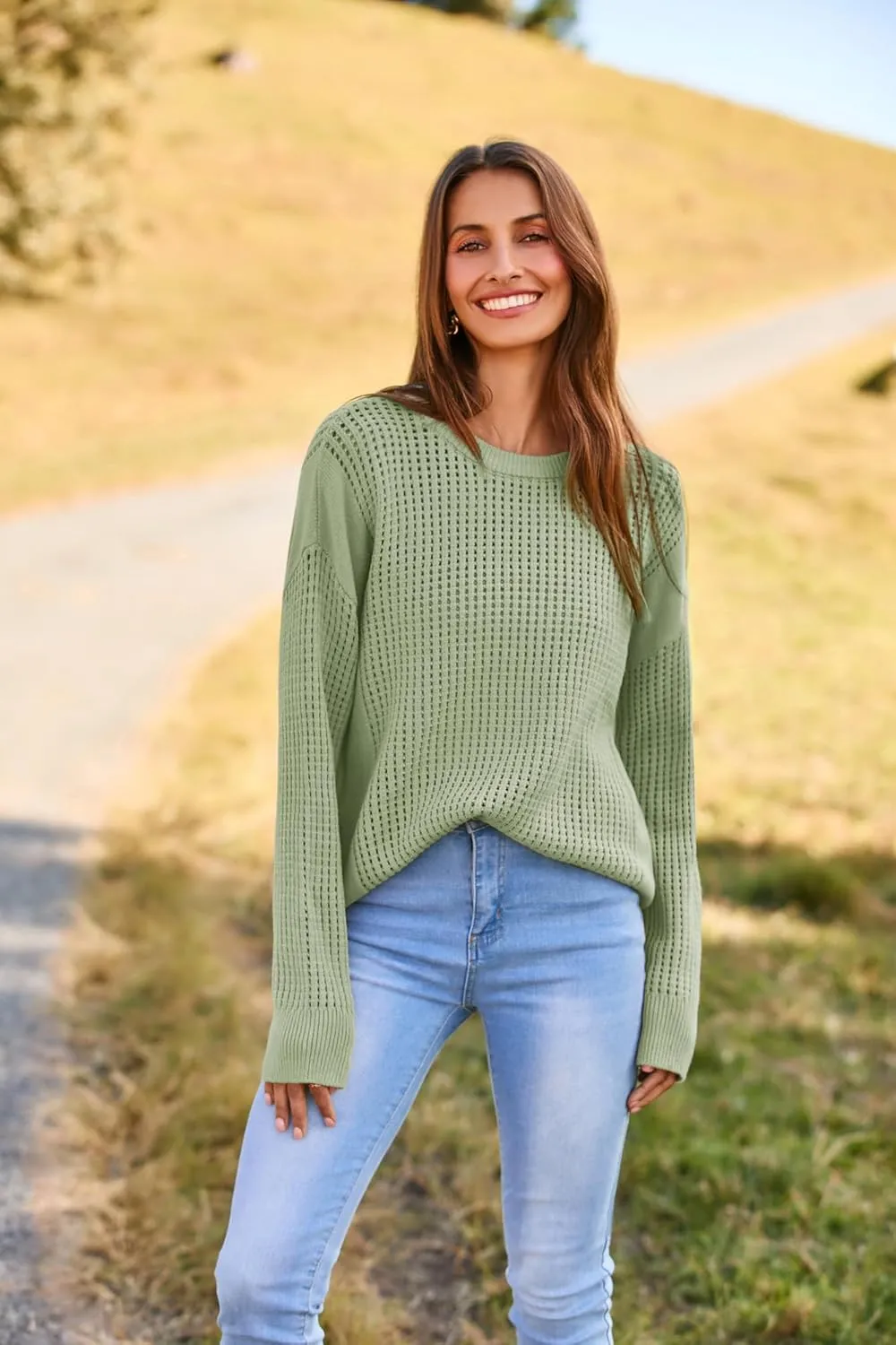 GRACE KARIN Women's Sweater 2024 Casual Loose Crew Neck Long Sleeve Crochet Fall Pullover Sweater Top