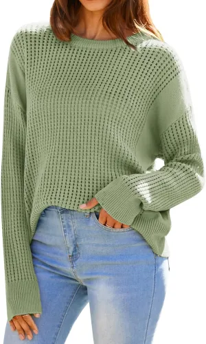 GRACE KARIN Women's Sweater 2024 Casual Loose Crew Neck Long Sleeve Crochet Fall Pullover Sweater Top