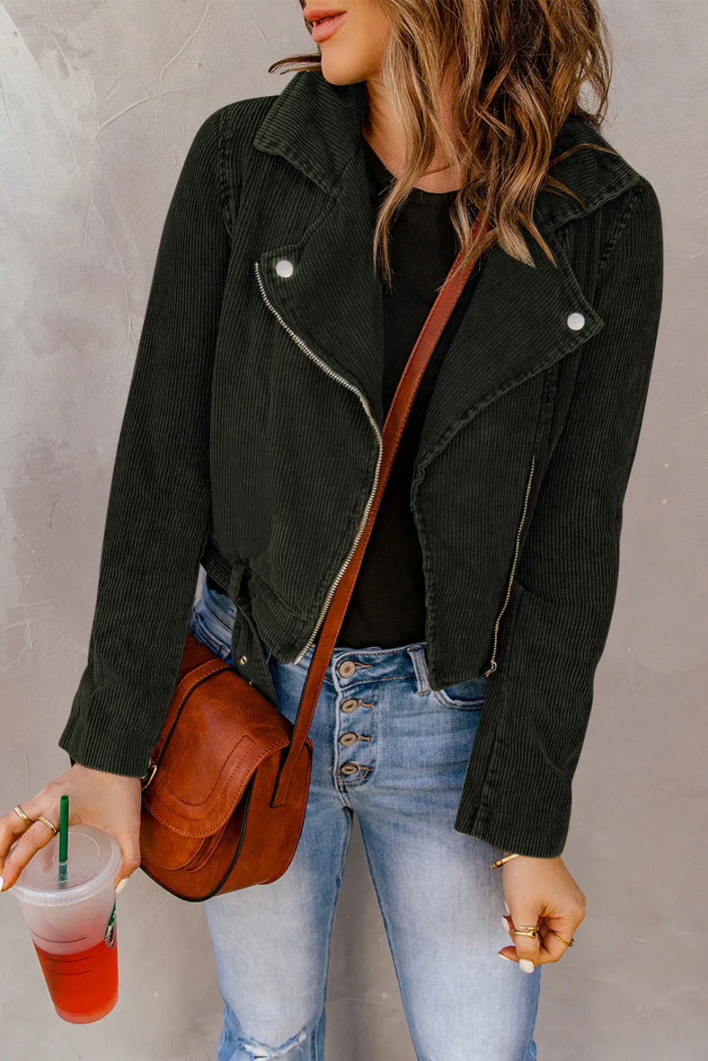 Green Buckle Belted Zip Up Corduroy Jacket