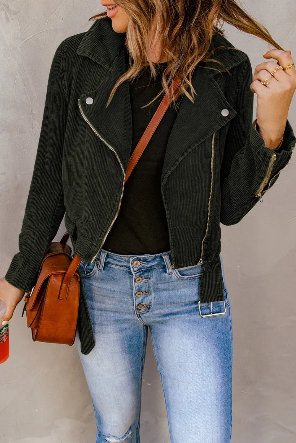 Green Buckle Belted Zip Up Corduroy Jacket