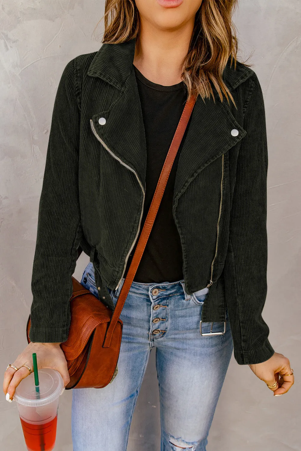 Green Buckle Belted Zip Up Corduroy Jacket