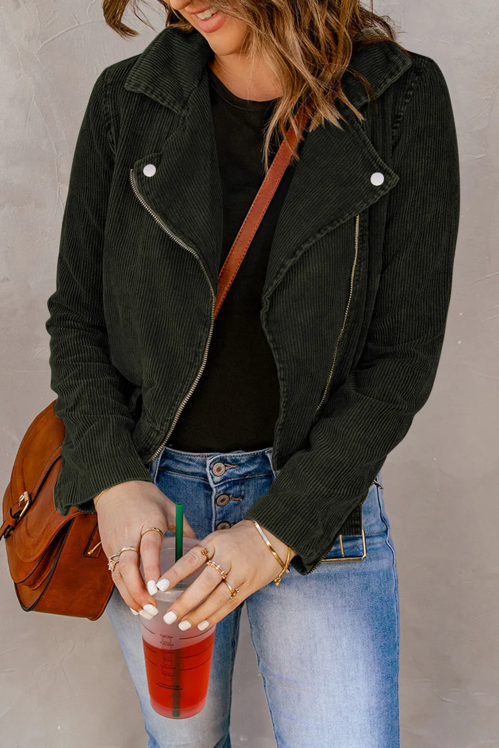Green Buckle Belted Zip Up Corduroy Jacket