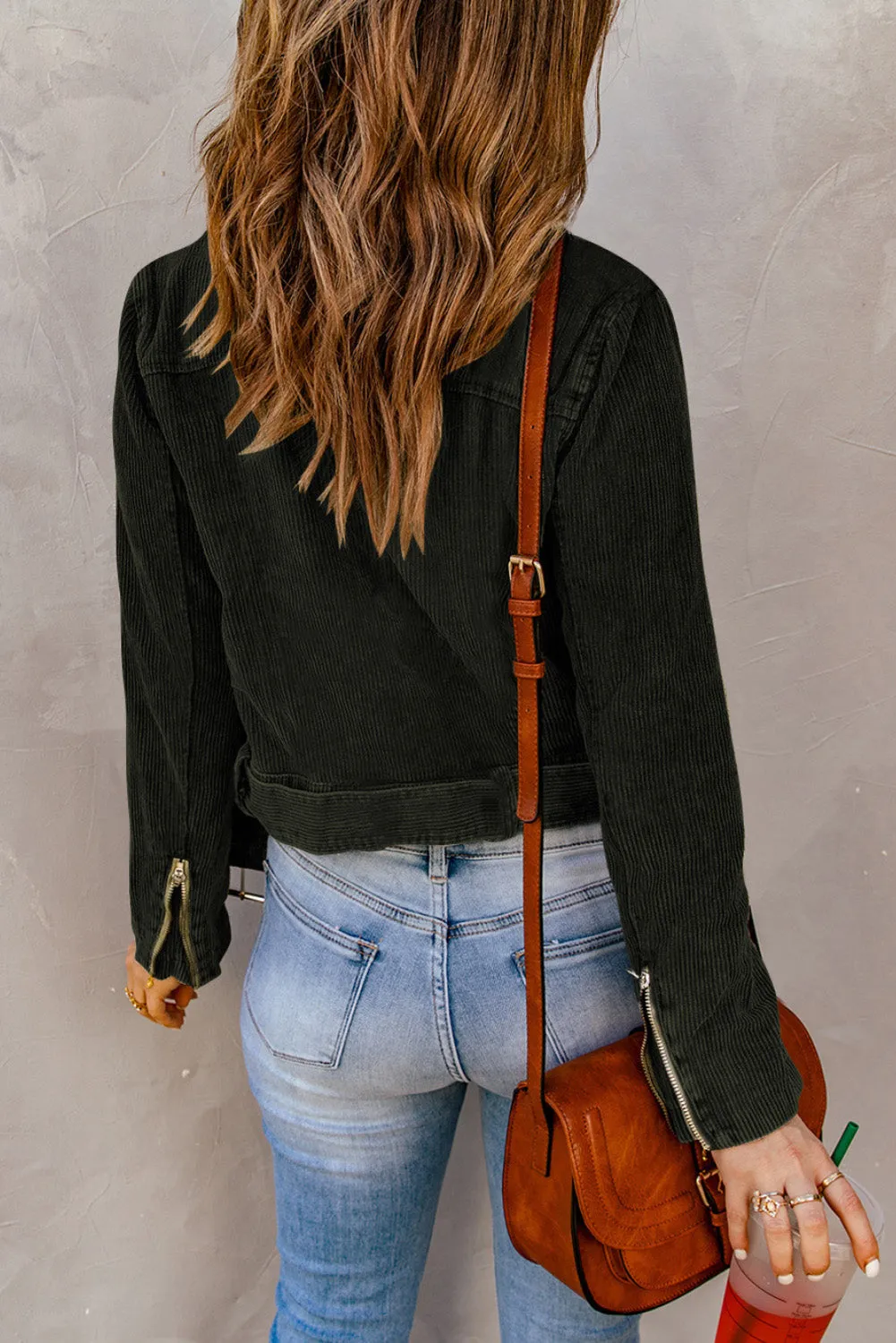 Green Buckle Belted Zip Up Corduroy Jacket