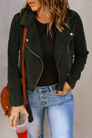 Green Buckle Belted Zip Up Corduroy Jacket