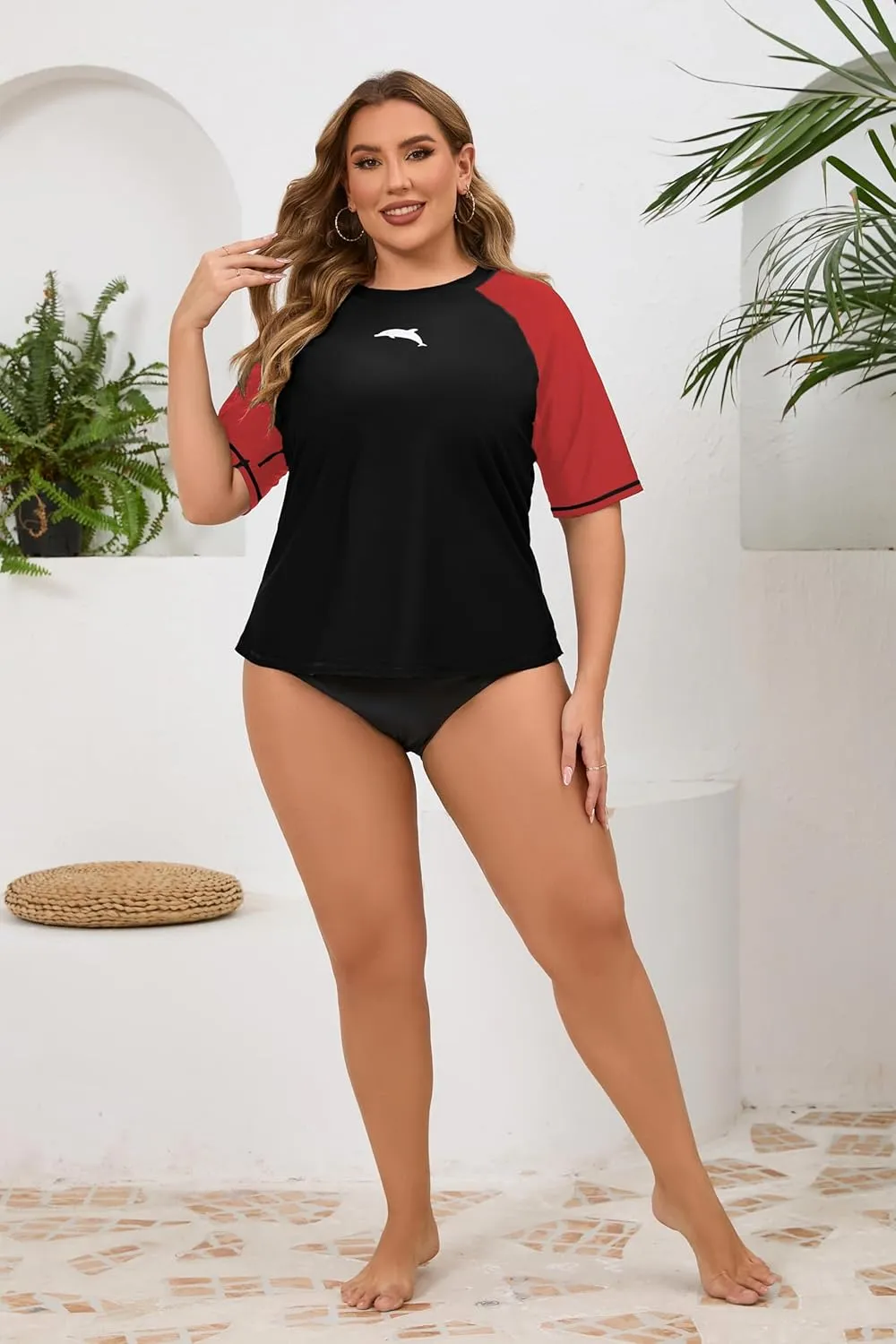 Halcurt Women's Plus Size Short Sleeve Rash Guard Swim Shirts Top Only Loose Fit Swim Tee UPF50  Swimsuit