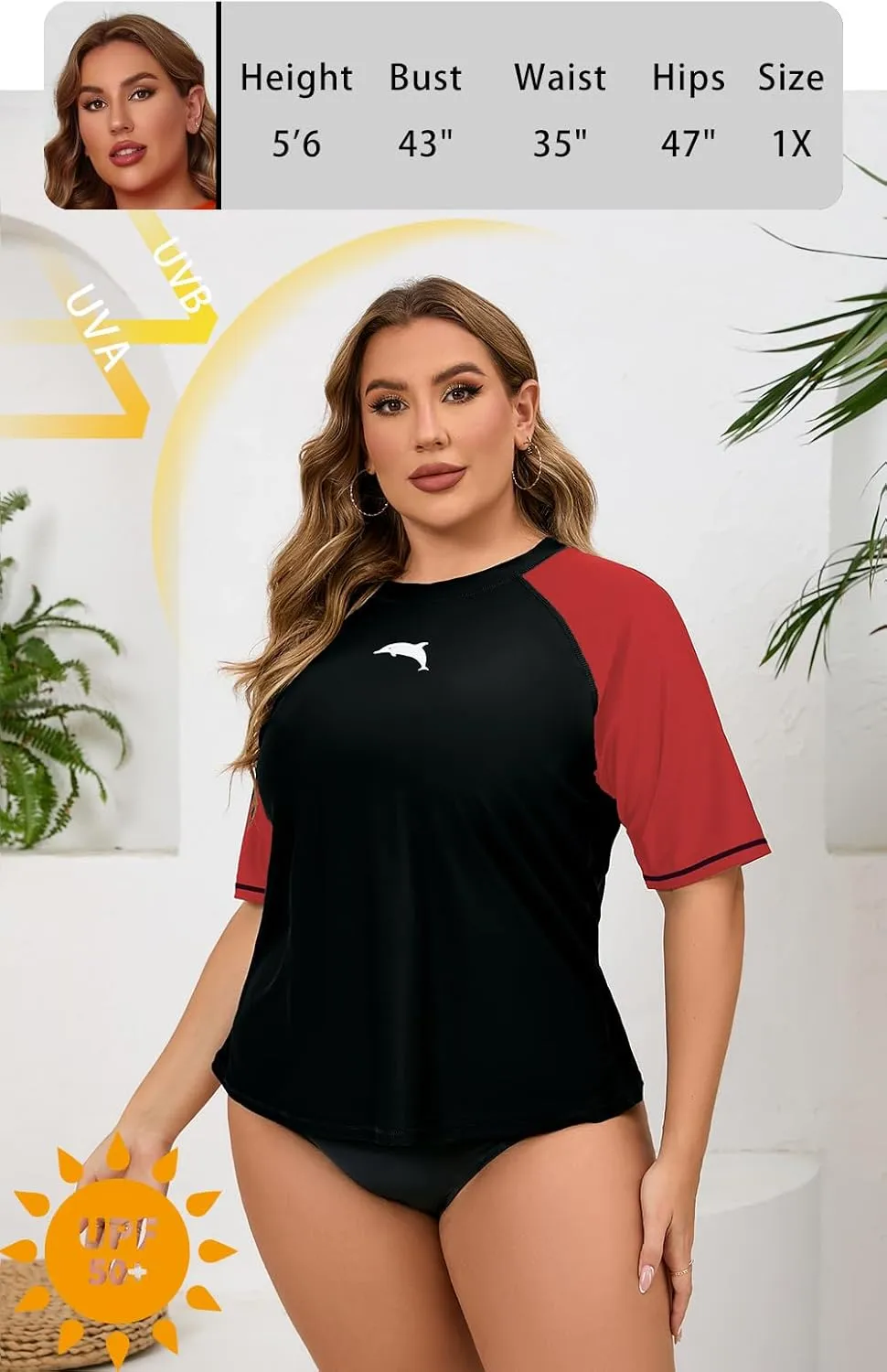 Halcurt Women's Plus Size Short Sleeve Rash Guard Swim Shirts Top Only Loose Fit Swim Tee UPF50  Swimsuit