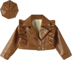 Happy Cherry Baby Girl Faux Leather Motorcycle Jacket Cute Ruffle Spring Fall PU Coat 1-5 Years