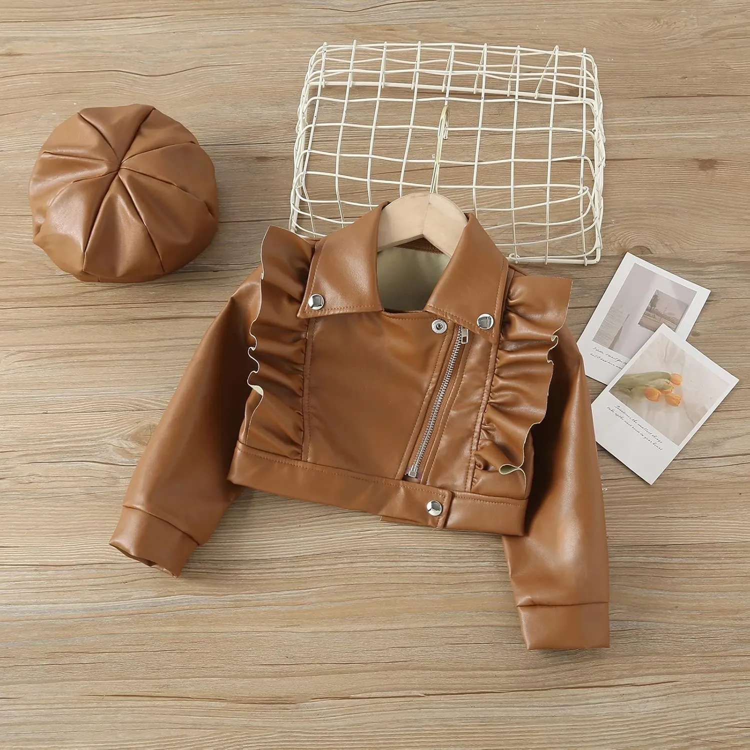 Happy Cherry Baby Girl Faux Leather Motorcycle Jacket Cute Ruffle Spring Fall PU Coat 1-5 Years