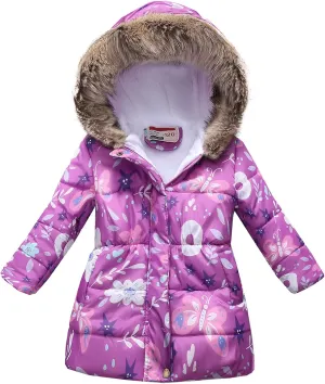 Happy Cherry Girl's Fleece Line Hooded Jacket Faux Fur Trim Winter Warm Coat Long Padded Outwear Snow Puffer Jackets
